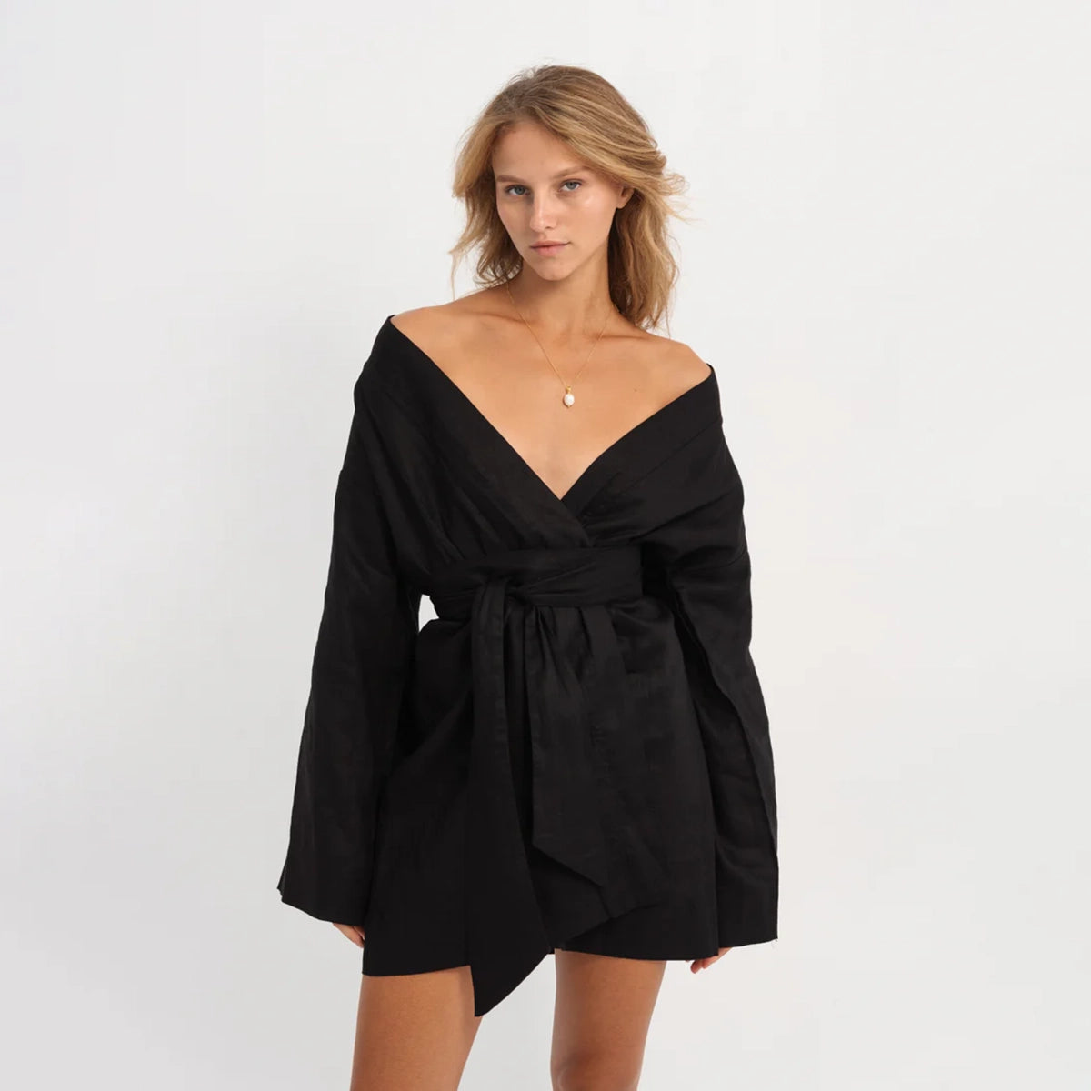 Linen Kimono Long Sleeve in Black
