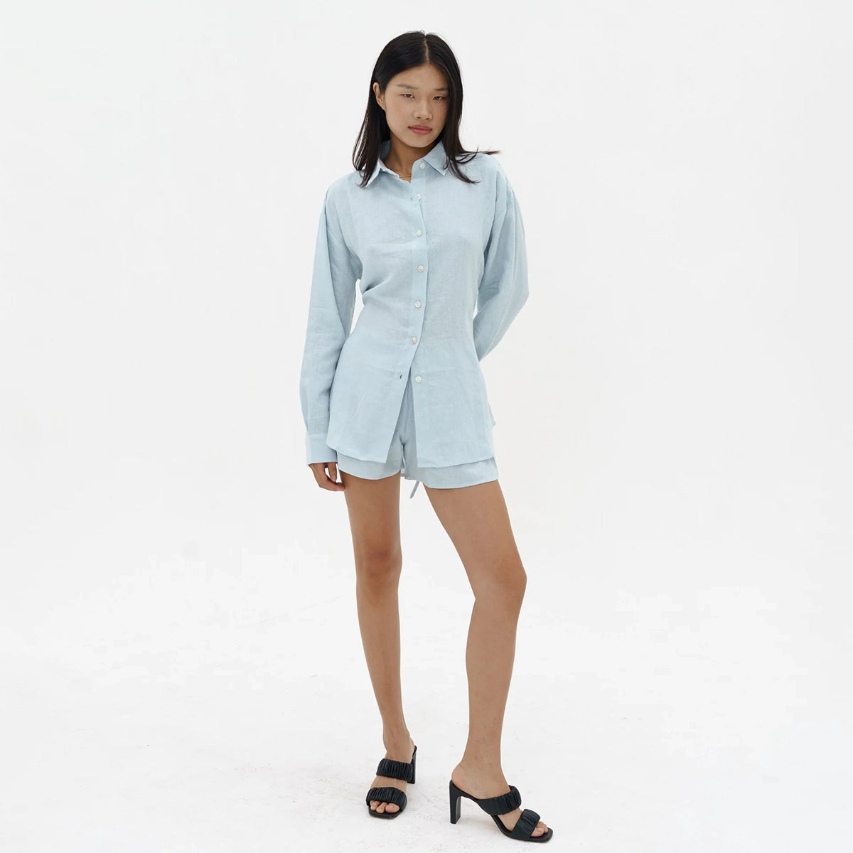 Tieback Linen Shirt in Iced Blue