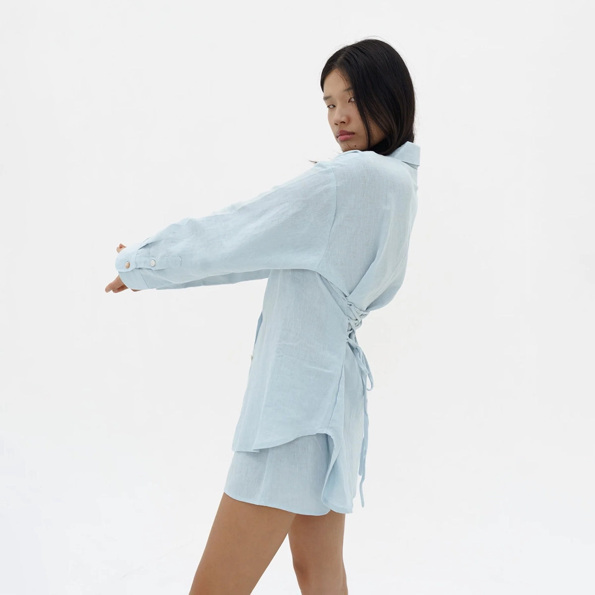 Tieback Linen Shirt in Iced Blue