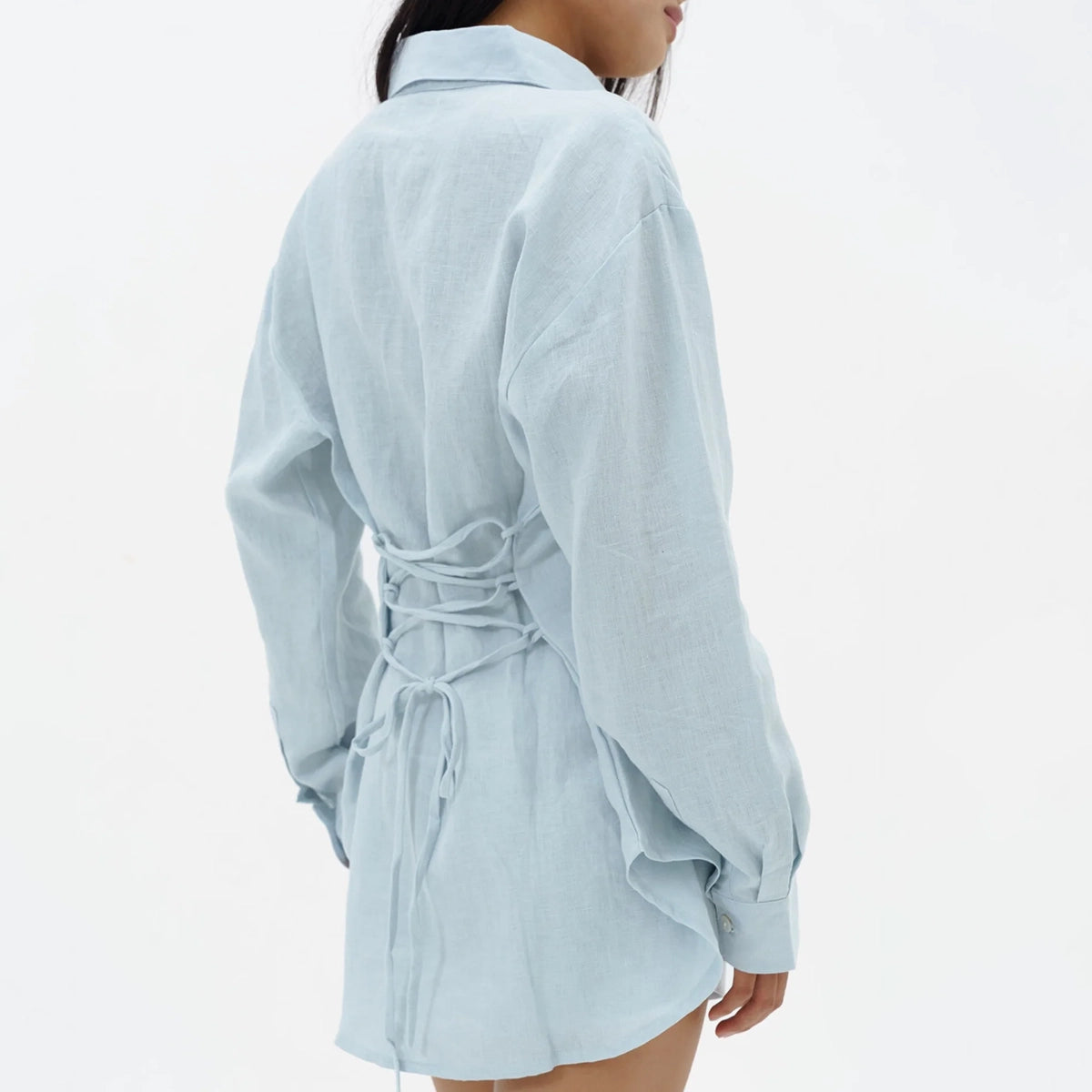 Tieback Linen Shirt in Iced Blue