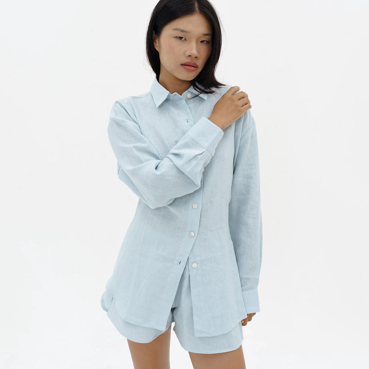 Tieback Linen Shirt in Iced Blue