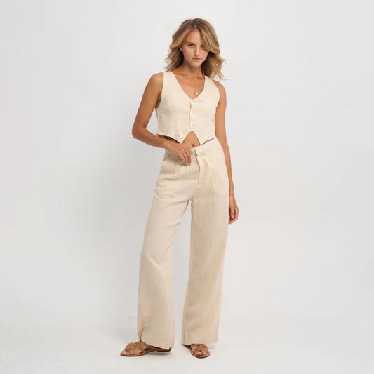 Linen Zipper Pants in Cream