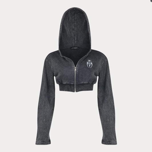 Hoodie Crop Zip Grey Stone