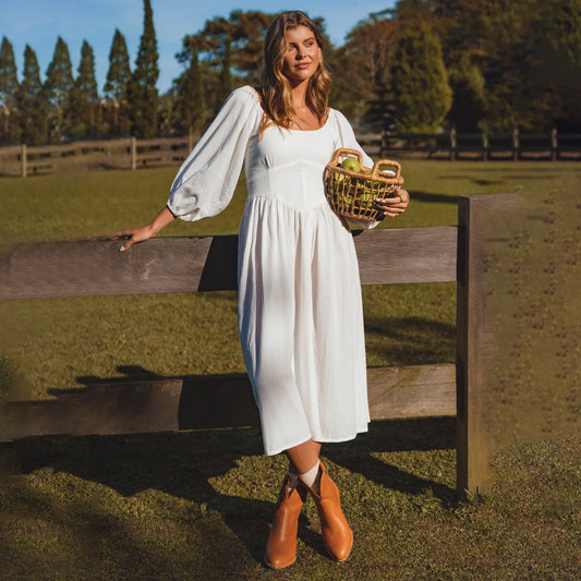Genevieve Puff Sleeve Midi Dress In White