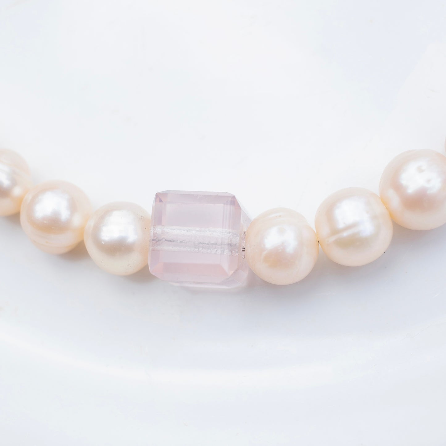 "Rose Quartz Cube on Rose Pearls" necklace