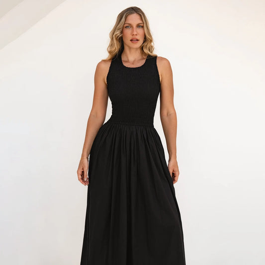 Lucciola Smocked Cotton Midi Dress In Black
