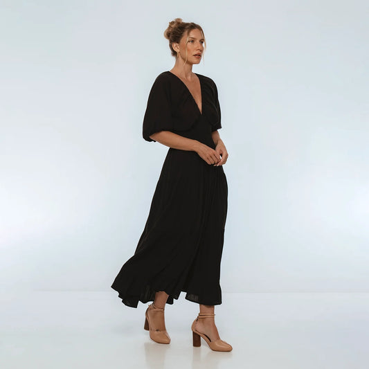 Lucienne Smoked Linen Maxi Dress In Black