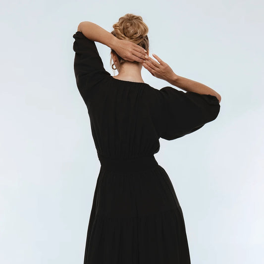 Lucienne Smoked Linen Maxi Dress In Black