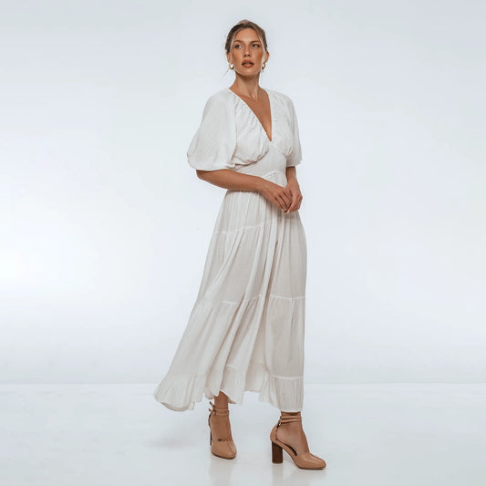 Lucienne Smoked Linen Maxi Dress In White