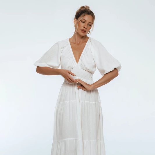 Lucienne Smoked Linen Maxi Dress In White