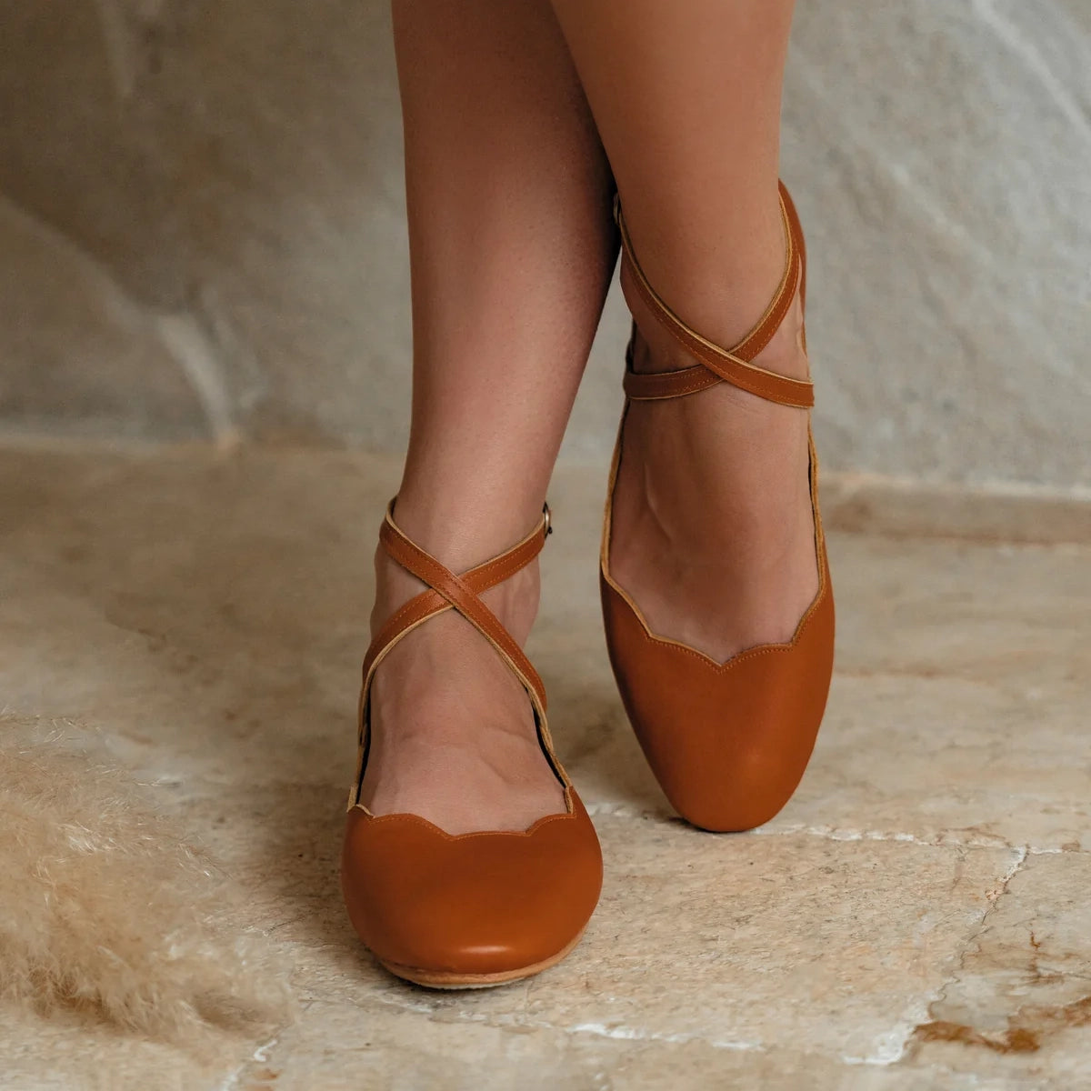 Myrelle Criss-Cross Leather Ballet Flats In Tan