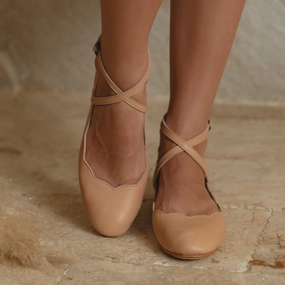Myrelle Criss-Cross Leather Ballet Flats In Beige