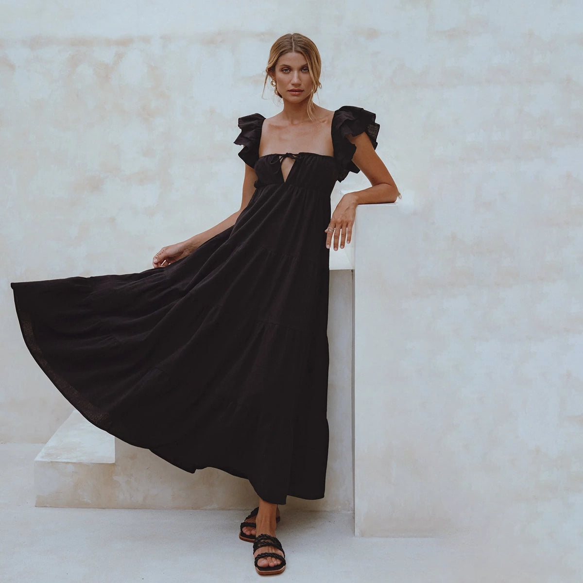Nymph Bohemian Linen Maxi Dress In Black