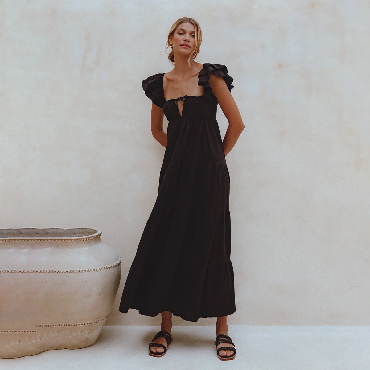 Nymph Bohemian Linen Maxi Dress In Black