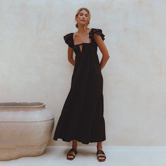 Nymph Bohemian Linen Maxi Dress In Black