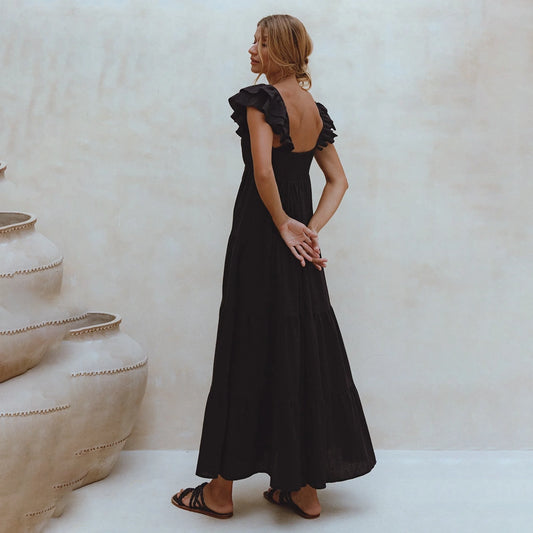 Nymph Bohemian Linen Maxi Dress In Black