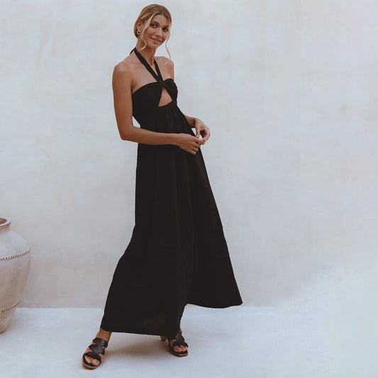 Penelope Halter Linen Maxi Dress In Black