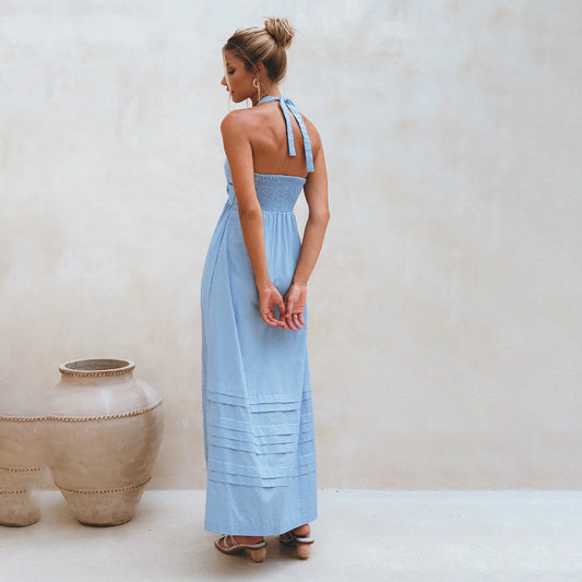 Penelope Halter Linen Maxi Dress In Blue