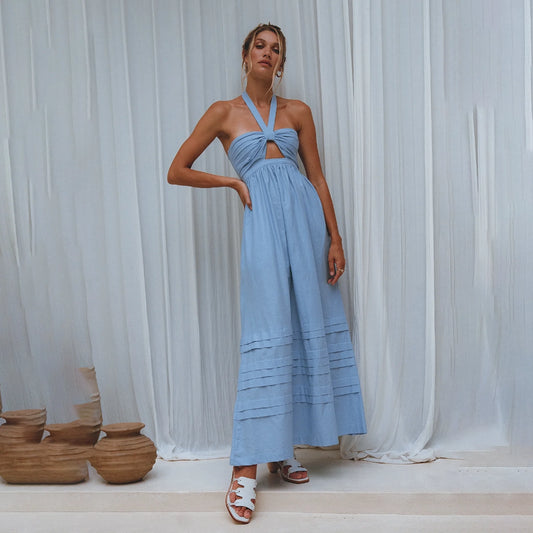 Penelope Halter Linen Maxi Dress In Blue