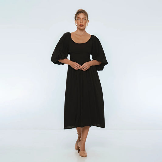 Genevieve Puff Sleeve Midi Dress In Black