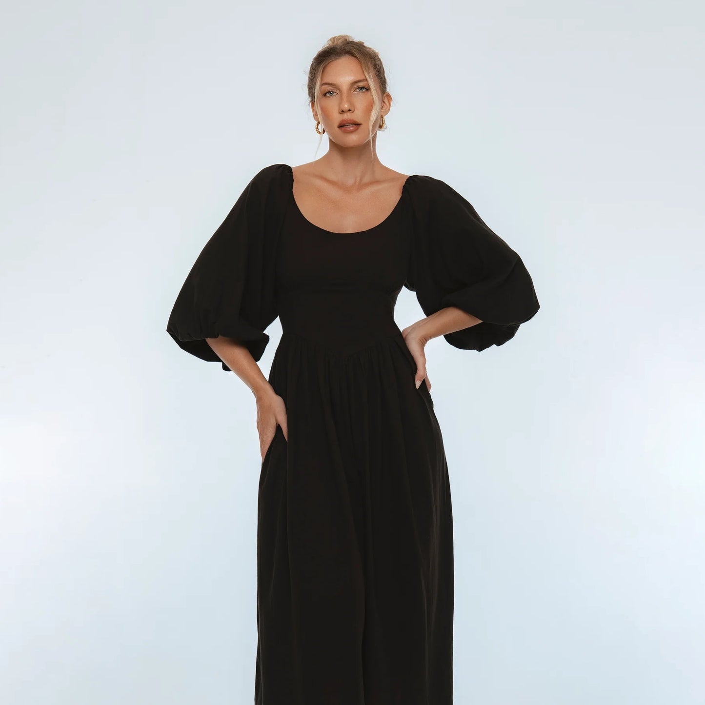 Genevieve Puff Sleeve Midi Dress In Black