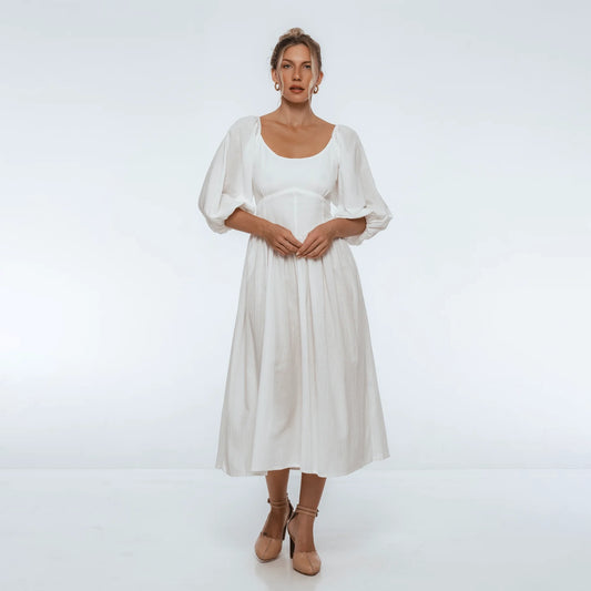 Genevieve Puff Sleeve Midi Dress In White