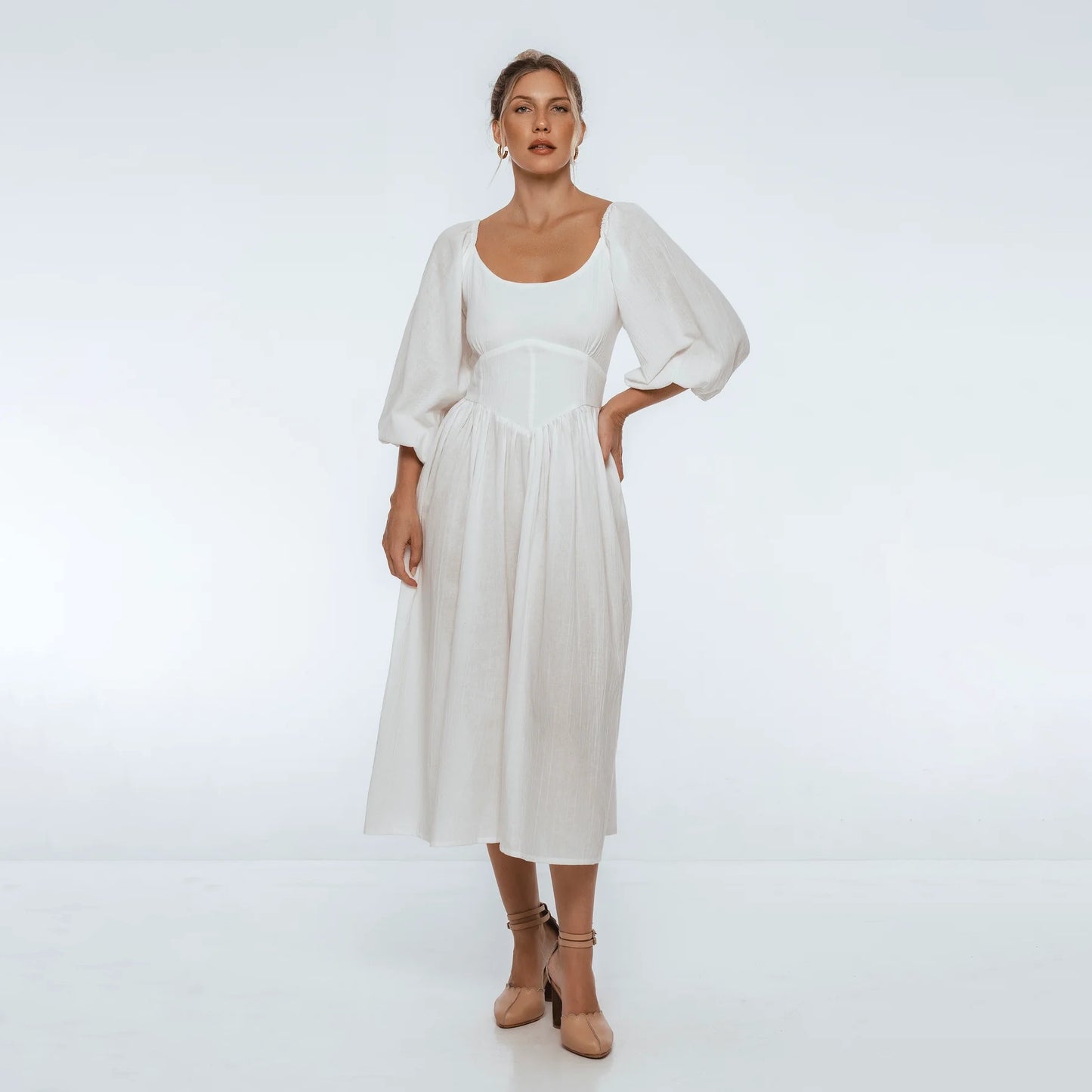 Genevieve Puff Sleeve Midi Dress In White