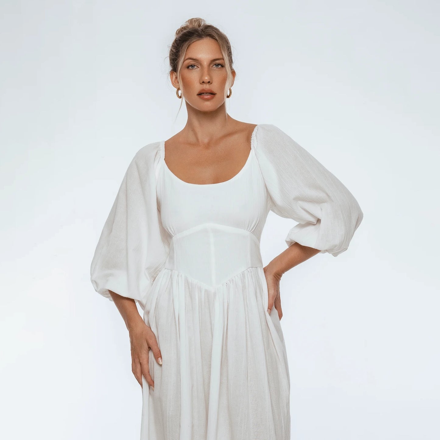 Genevieve Puff Sleeve Midi Dress In White