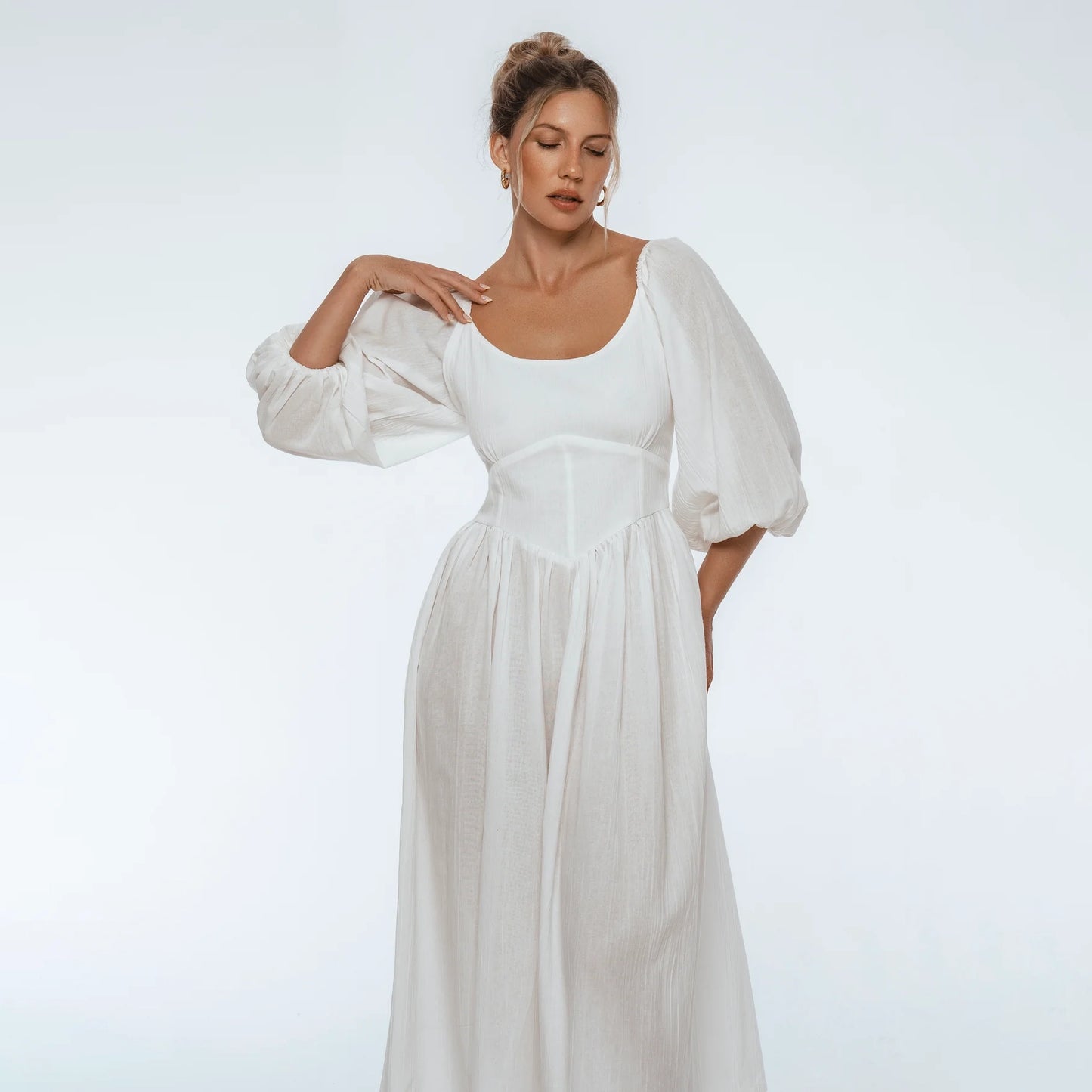 Genevieve Puff Sleeve Midi Dress In White