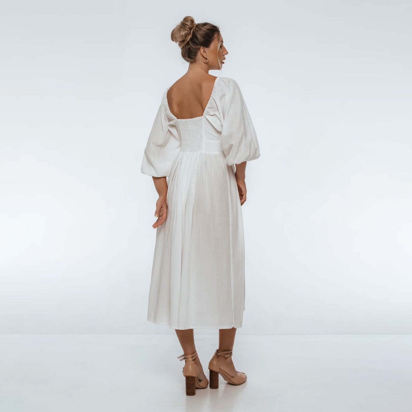 Genevieve Puff Sleeve Midi Dress In White