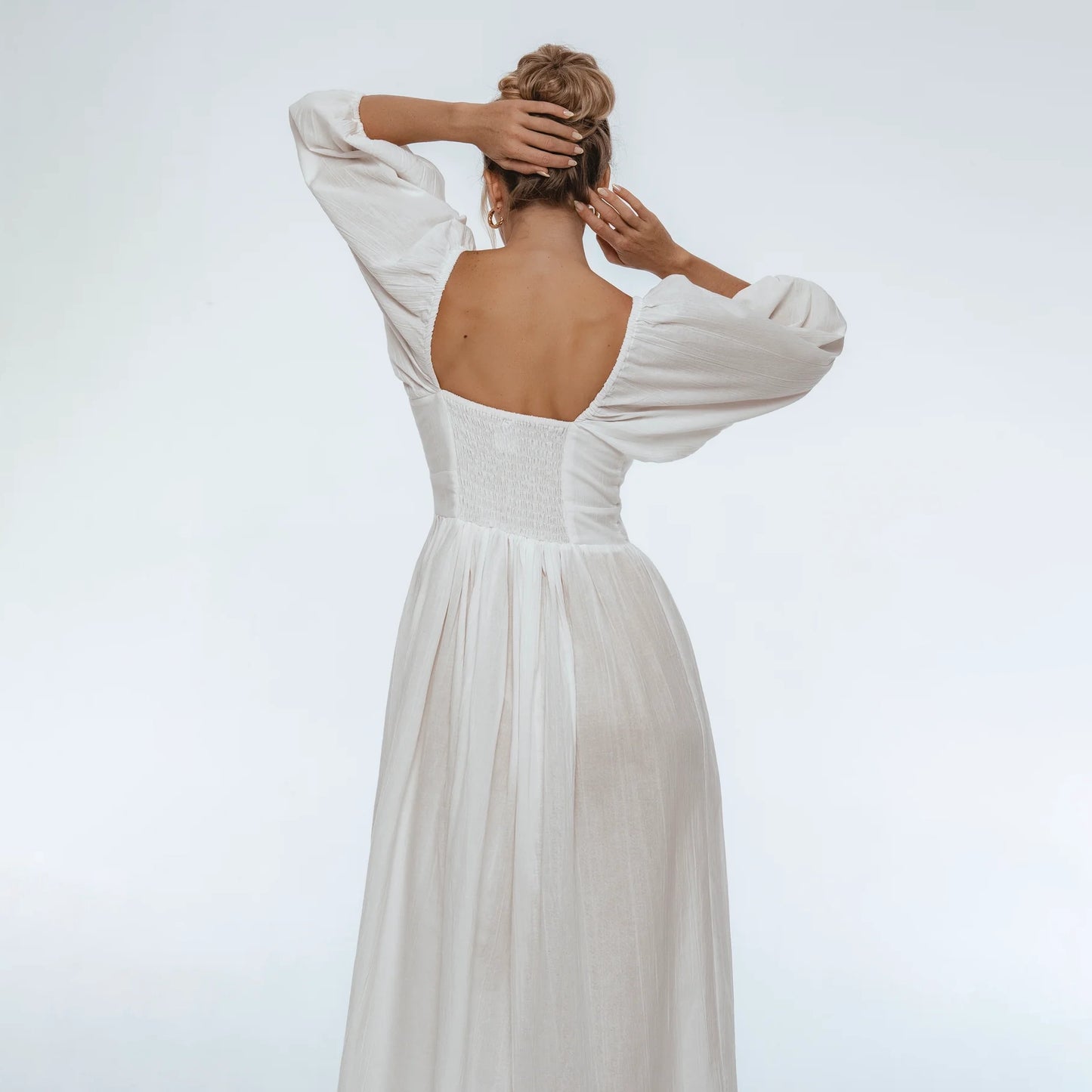 Genevieve Puff Sleeve Midi Dress In White