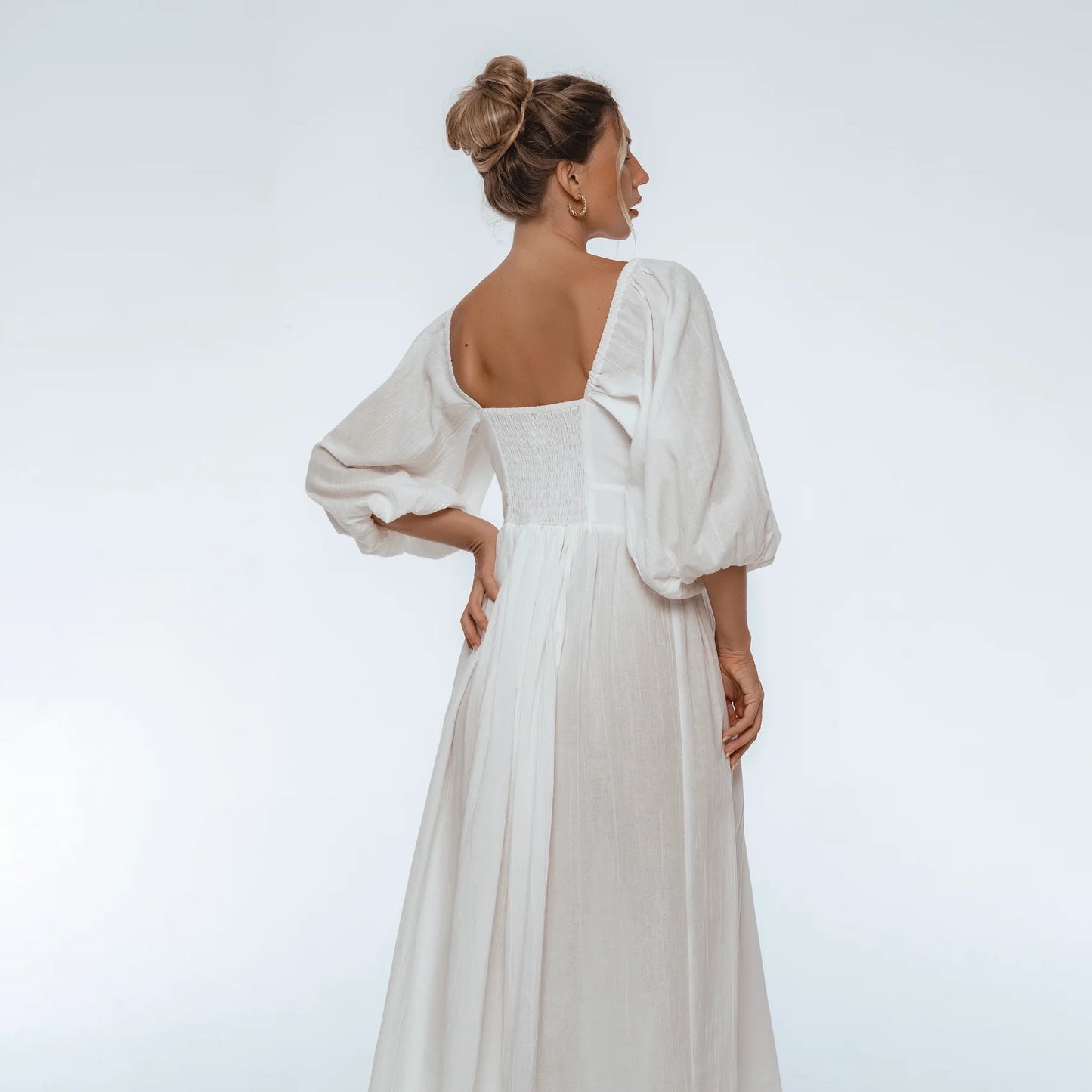 Genevieve Puff Sleeve Midi Dress In White