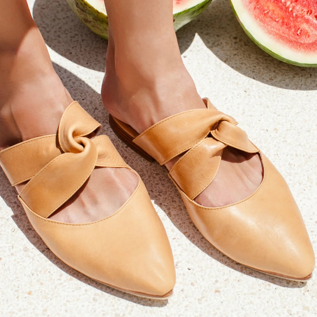 Taj Mahal Pointy Toe Mules In Tan