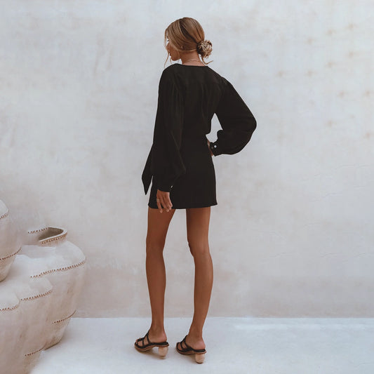 Ti Amo Linen Wrap Dress In Black