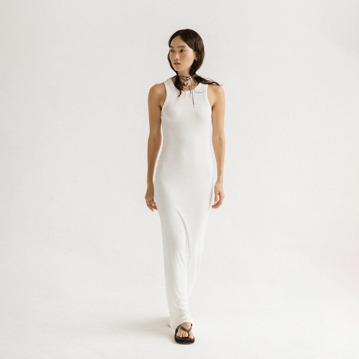 WHITE RIBBED COTTON TANK MAXI DRESS