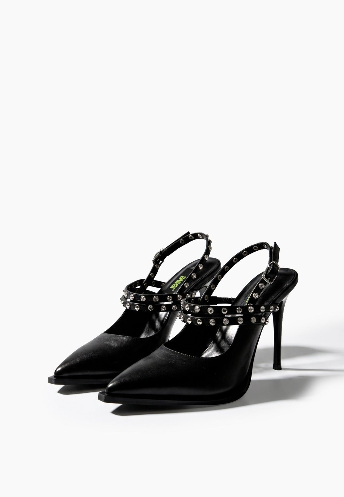 Pair of black pointed slingback heels with crystal straps