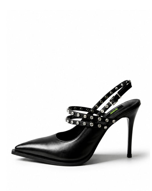 Black leather crystal-strap slingback heels with pointed toe, side view