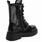 Rear side view of black leather mesh combat boot showing side zip, pull tab and block heel