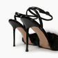 Black leather stiletto sandals with buckle ankle straps, rear detail