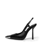Black leather slingback heel with silver-tone metal pointed toe and slim high heel, side profile