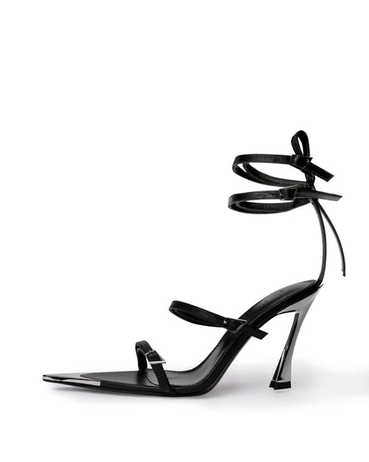Black leather wraparound heel with mirrored pointed toe cap and sculptural high heel, side profile
