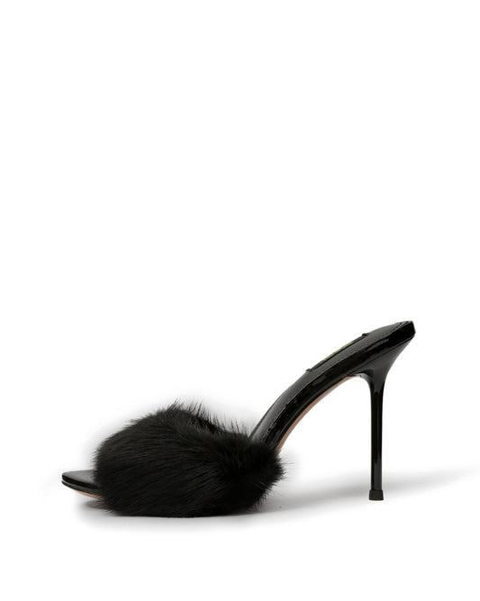 Black natural fur stiletto mules, side view