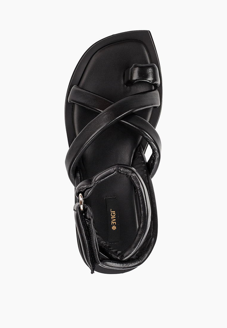 Top view of black leather platform sandal with toe loop and wrapped crossover straps
