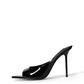 Black genuine patent leather open-toe stiletto mules, side view