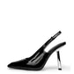 Black patent leather slingback heel with an elongated square toe and transparent geometric heel, side profile