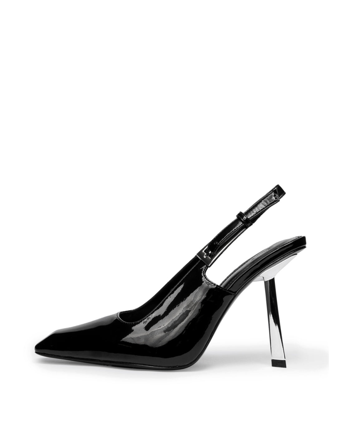 Black patent leather slingback heel with an elongated square toe and transparent geometric heel, side profile