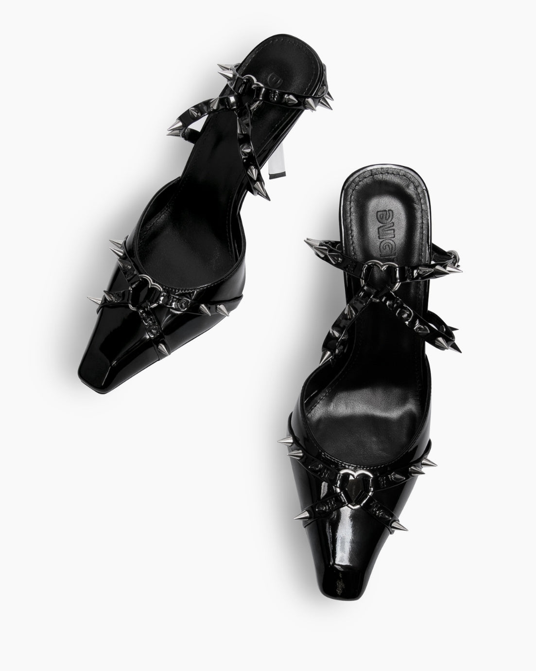 Black EVIGI patent leather spiked heels — top view