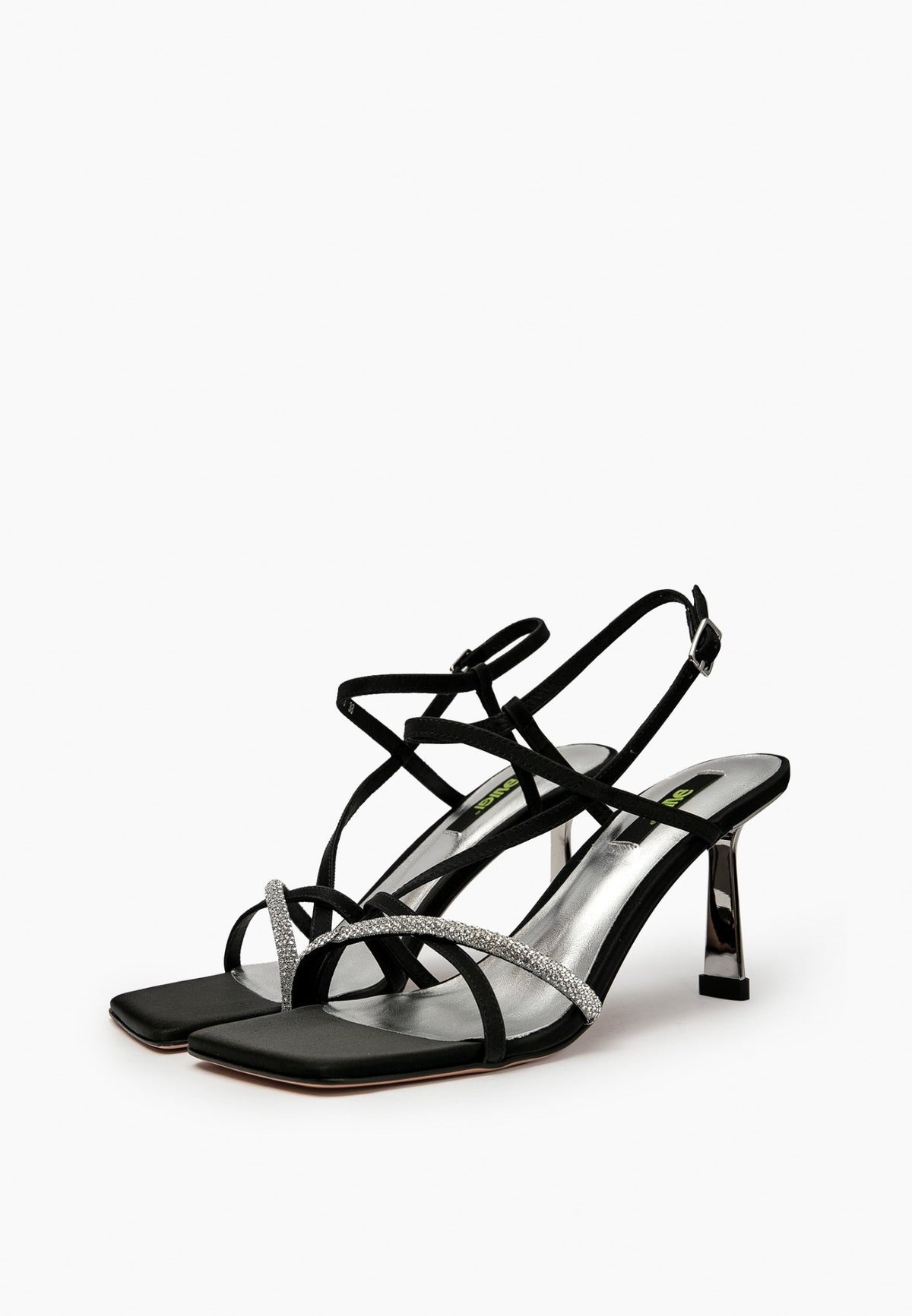 Black satin and glitter strappy heels, pair view