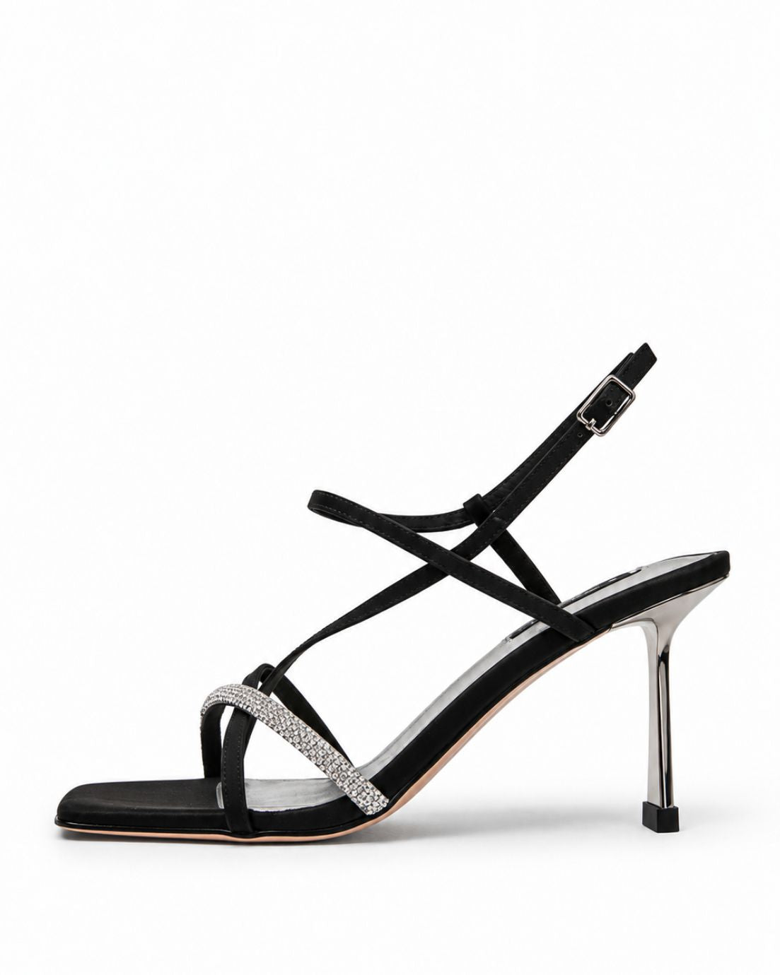 Black satin glitter-strap heels, side view