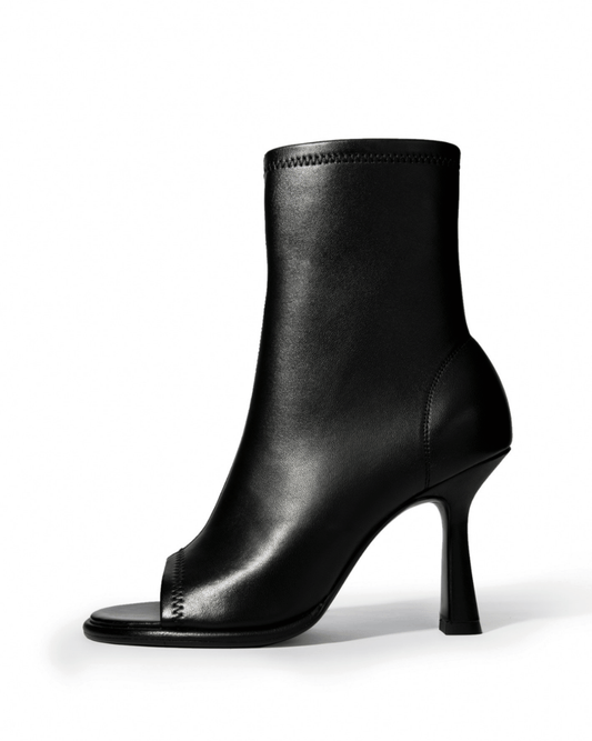 Black genuine stretch-leather peep-toe ankle boots, side view